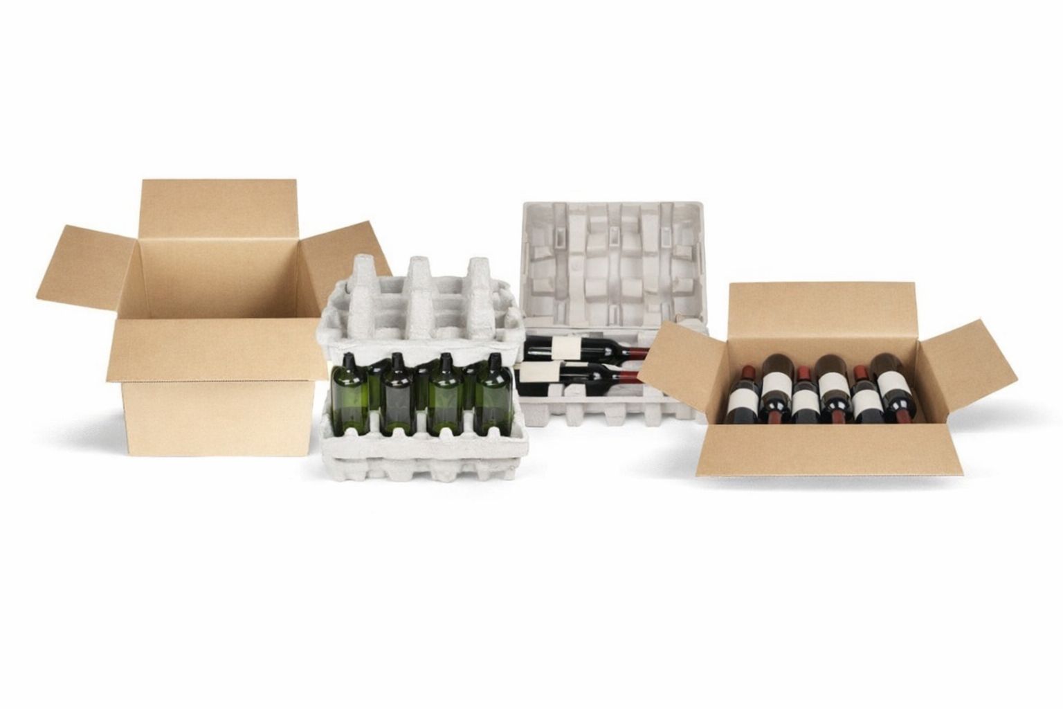 Sichere Versandverpackungen für Weinflaschen mit Karton und Faserguss-Einlagen.