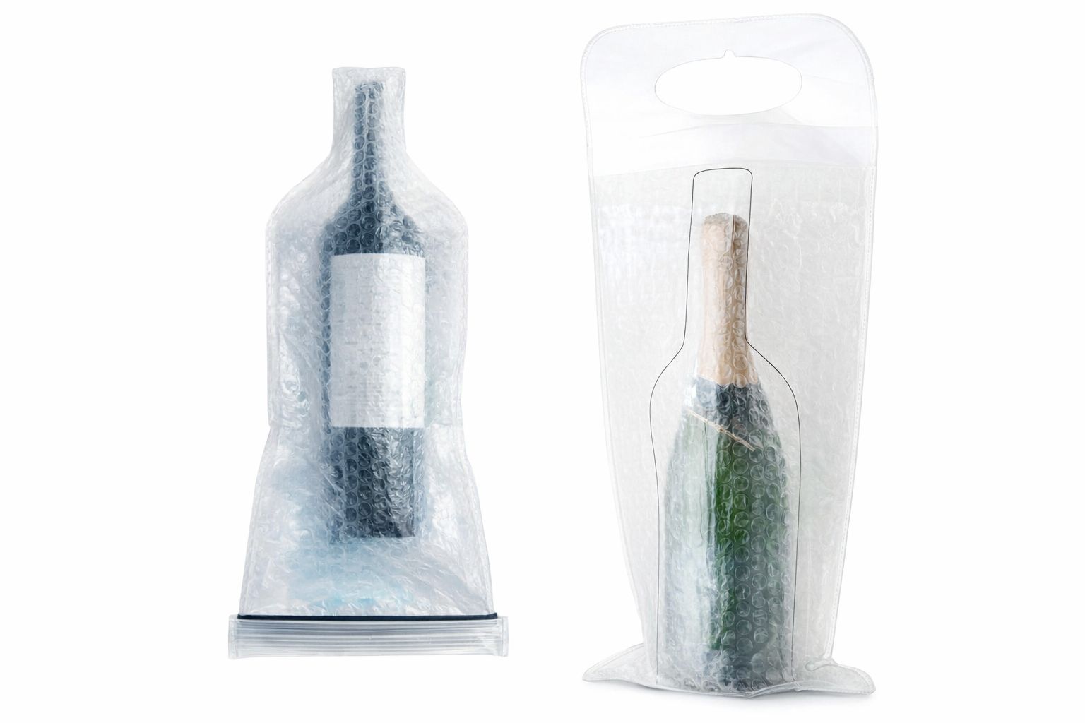 Zwei Weinflaschen in schützender Luftpolsterfolie für den sicheren Versand.