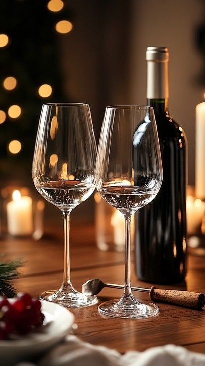 Zwei Weingläser und eine Weinflasche auf einem festlichen Tisch